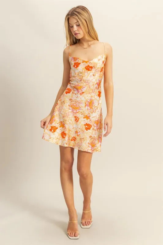 HYFVE Floral Cowl Neck Flirty Satin Mini Dress
