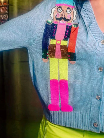 Nutcracker Ribbed Hem V-Neck Cardigan