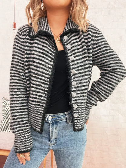 Striped Button-Up Long Sleeve Cardigan