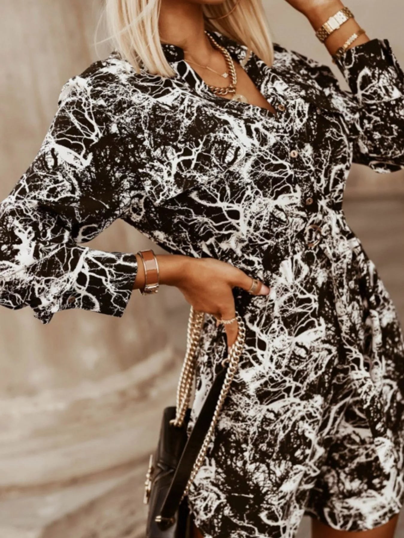 Printed Button Front Long Sleeve Dress