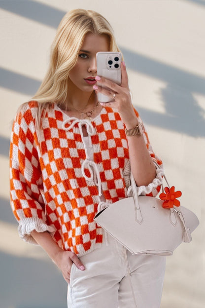 Back To School Sweater - Double Take Tied Checkered Dropped Shoulder Flounce Sleeve Cardigan Orange-Red