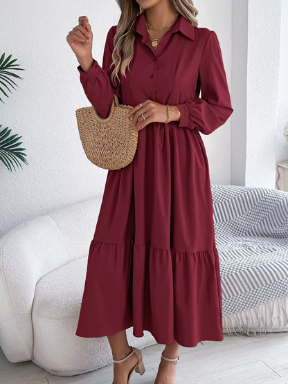 Long Sleeve Tiered Button Front Midi Dress