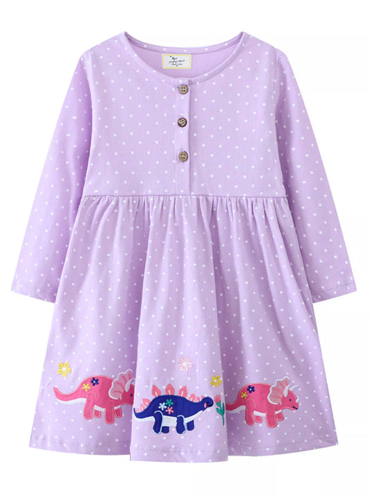 Children's Dinosaur Embroidered Polka Dot Dress Lavender