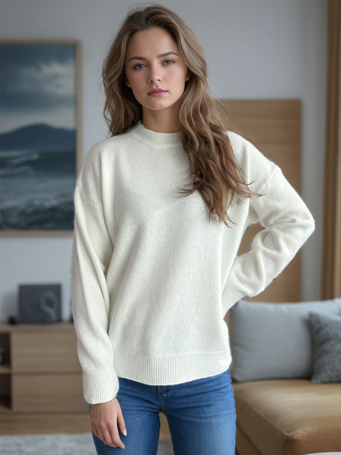 Round Neck Drop Shoulder Long Sleeve Sweater Cream One Size