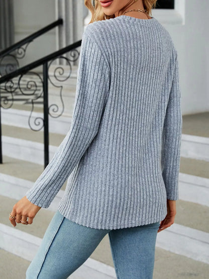 Ribbed Knit Decor Button T-Shirt