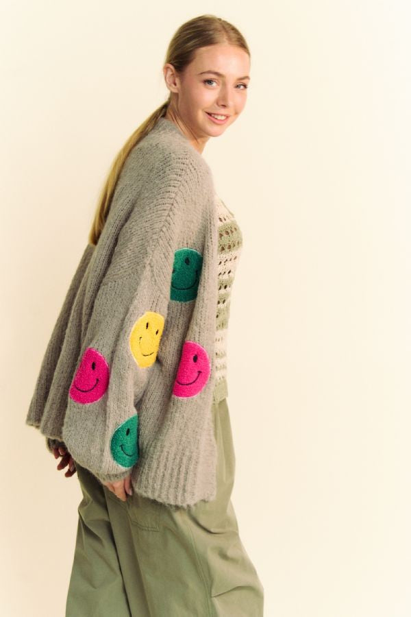 Back To School Sweater - Davi & Dani Fuzzy Smile Open Front Long Sleeve Cardigan