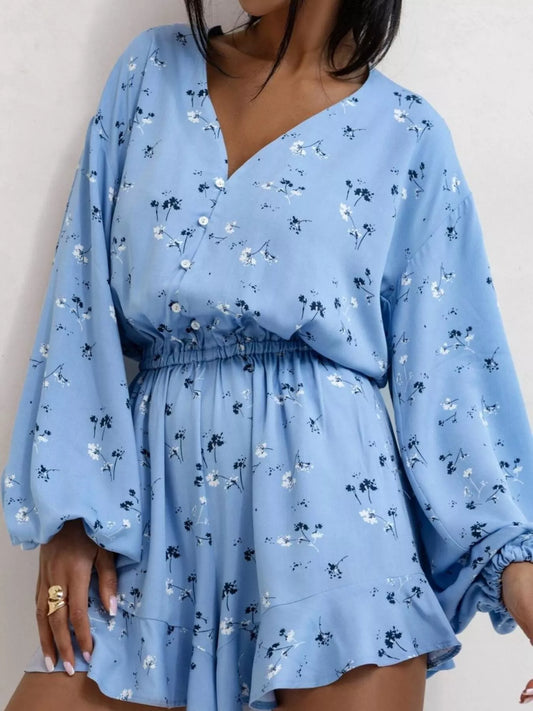 Floral V-Neck Long Sleeve Romper with Elastic Waist Blue