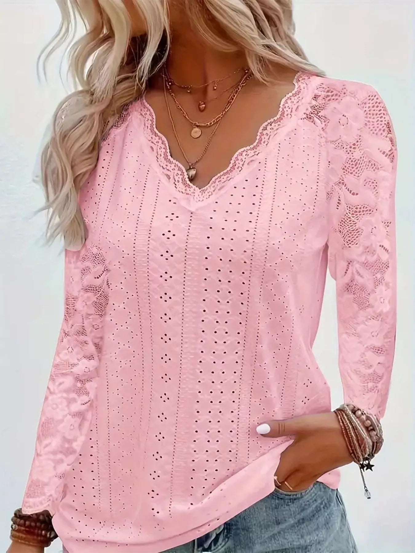 Eyelet Lace Sleeve V-Neck Blouse
