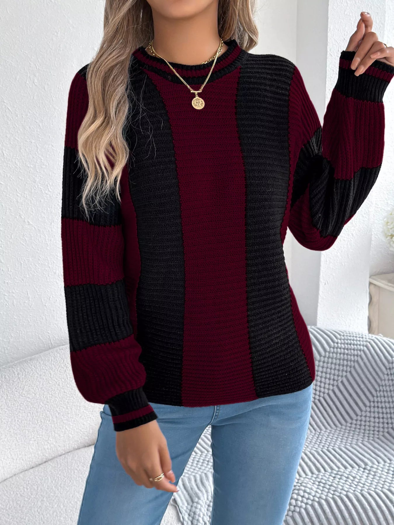 Color Block Round Neck Sweater