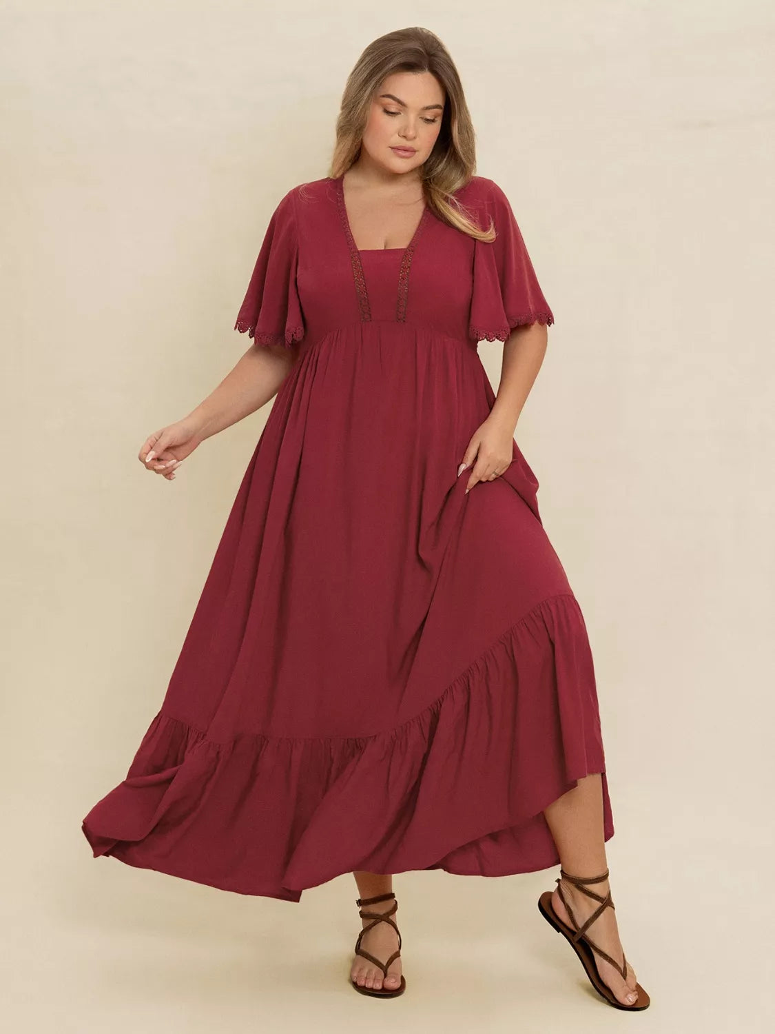 Plus Size Lace Detail Flutter Sleeve Maxi Dress