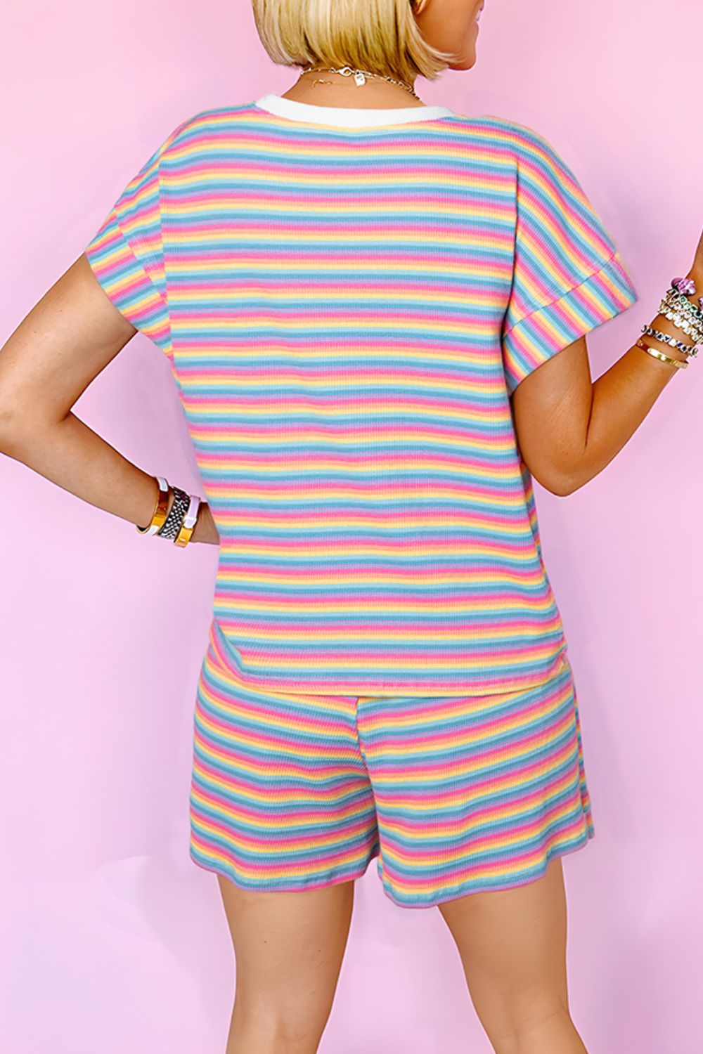Striped Round Neck Top and Shorts Set