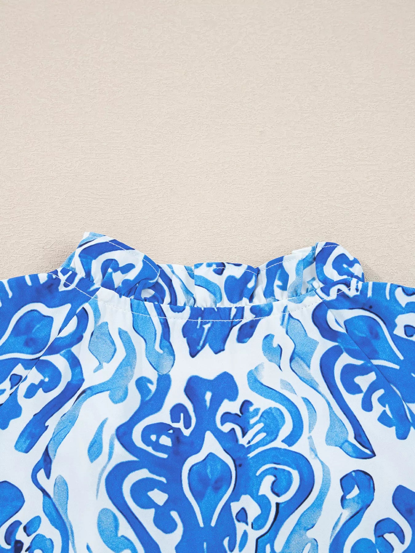 Printed Tie Split Neck Button Front Puff Sleeve Shirt