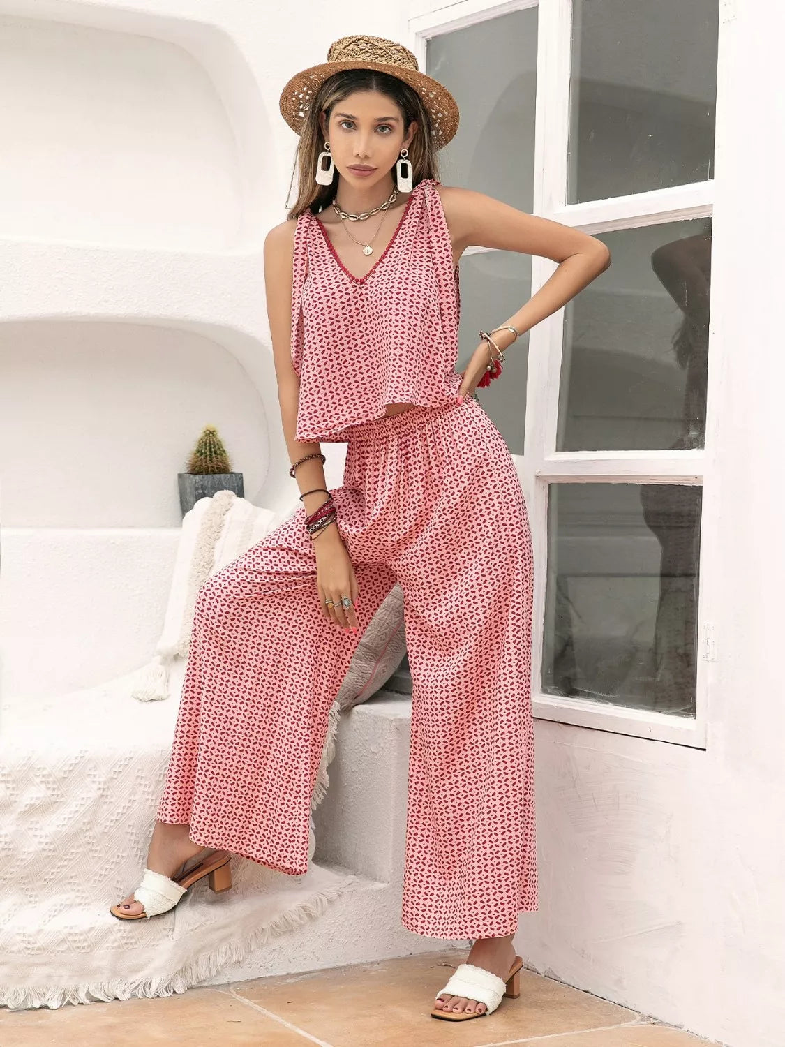 Gingham Tie Shoulder Top and Pants Set