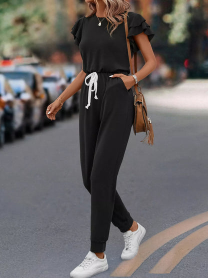 Ruffle Sleeve Drawstring Waist Casual Jumpsuit