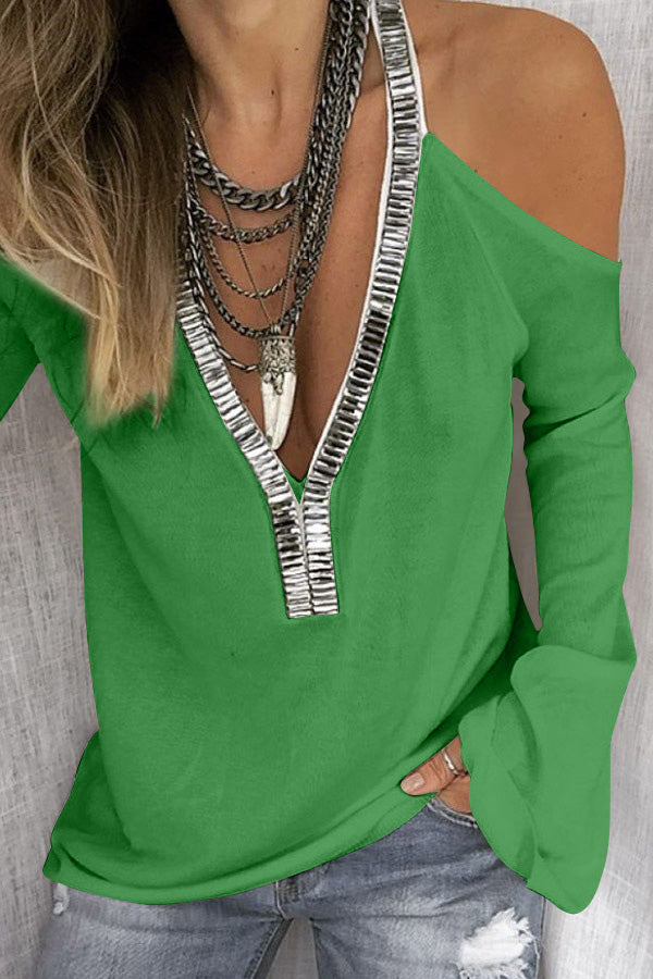 Sequin V-Neck Cold Shoulder Top Green