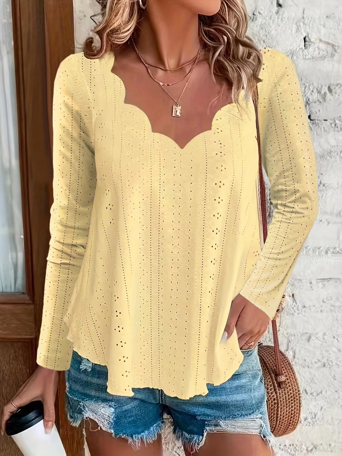 Eyelet Long Sleeve Blouse Light Yellow