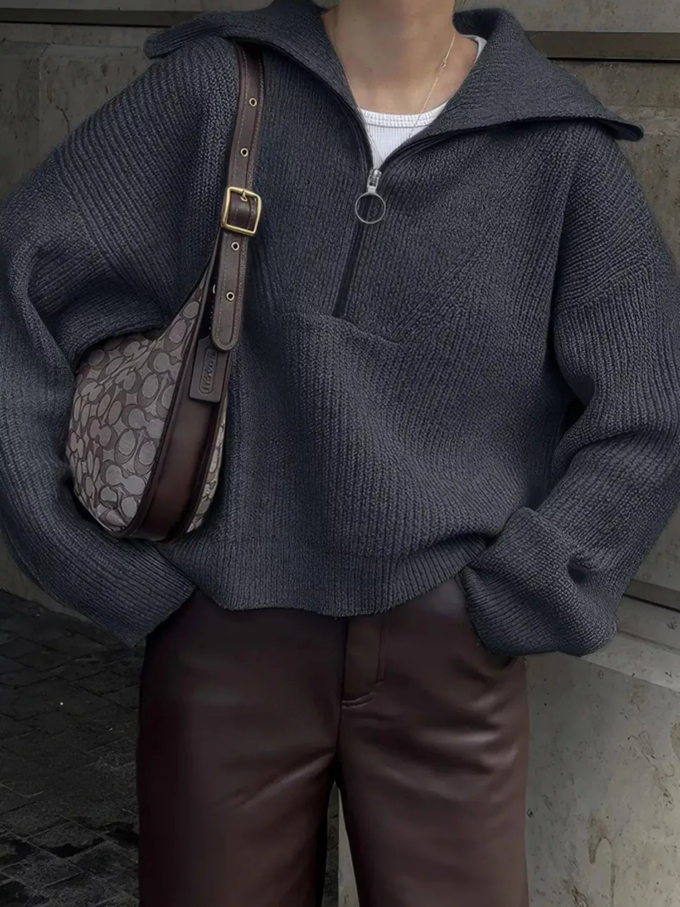 Half Zip Dropped Shoulder Sweater Dark Gray One Size