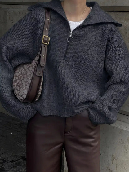 Half Zip Dropped Shoulder Sweater Dark Gray One Size