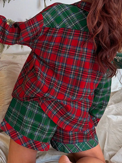 Plaid Contrast Patched Christmas Holiday Long Sleeve Shirt and Short 2pcs Pajama Set