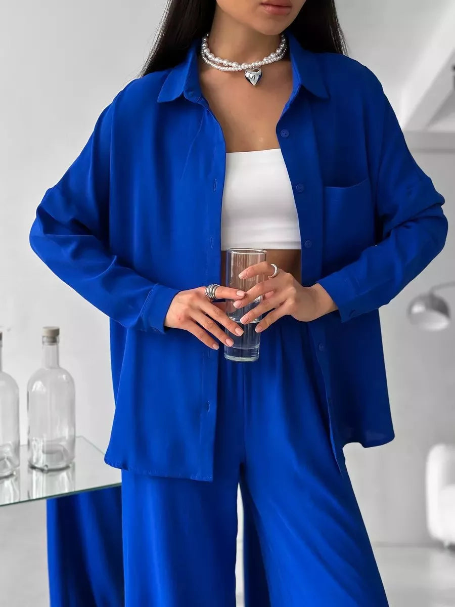 Button Up Long Sleeve Shirt and Pants Set Blue