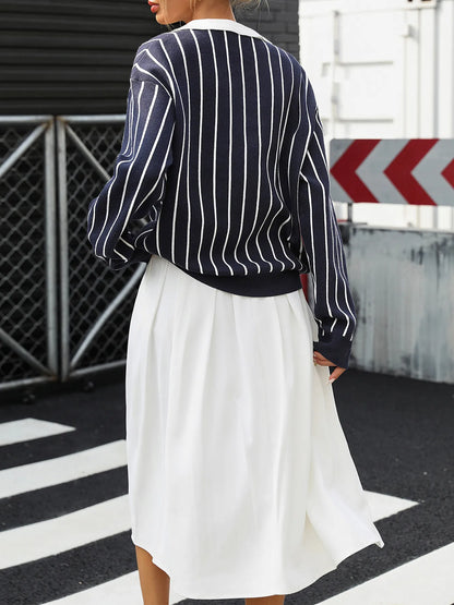 Stripe Contrast Collar Long Sleeve Knit Top