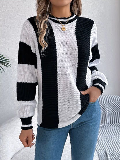 Color Block Round Neck Sweater White
