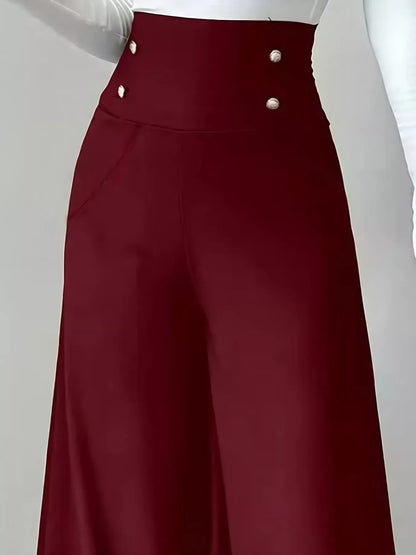 High Waist Wide Leg Button Decor Pants