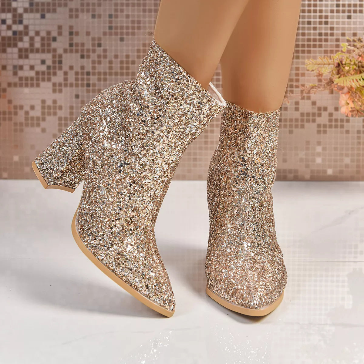Sequin Point Toe Block Heels Boots Gold