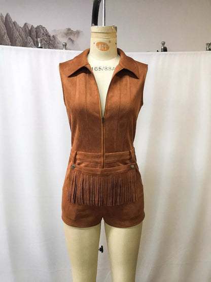 Full Size Fringe Zip Front Sleeveless Romper Plus Size