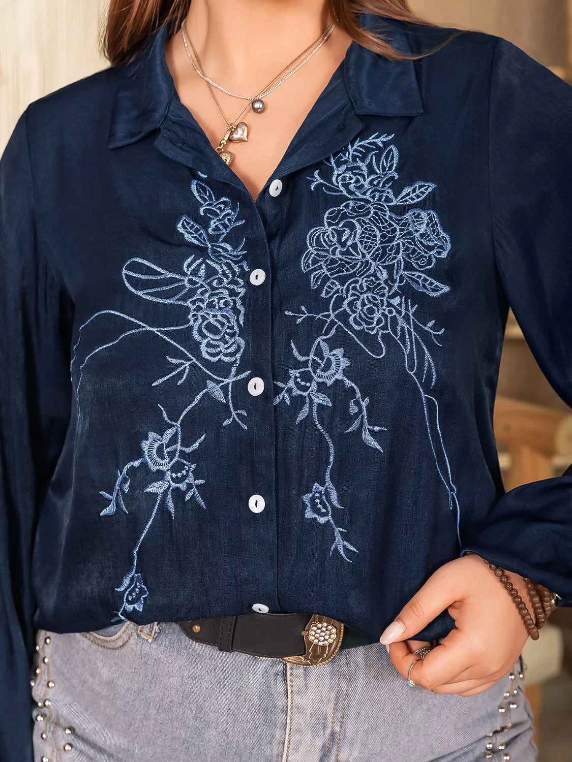 Plus Size Embroidered Long Sleeve Shirt