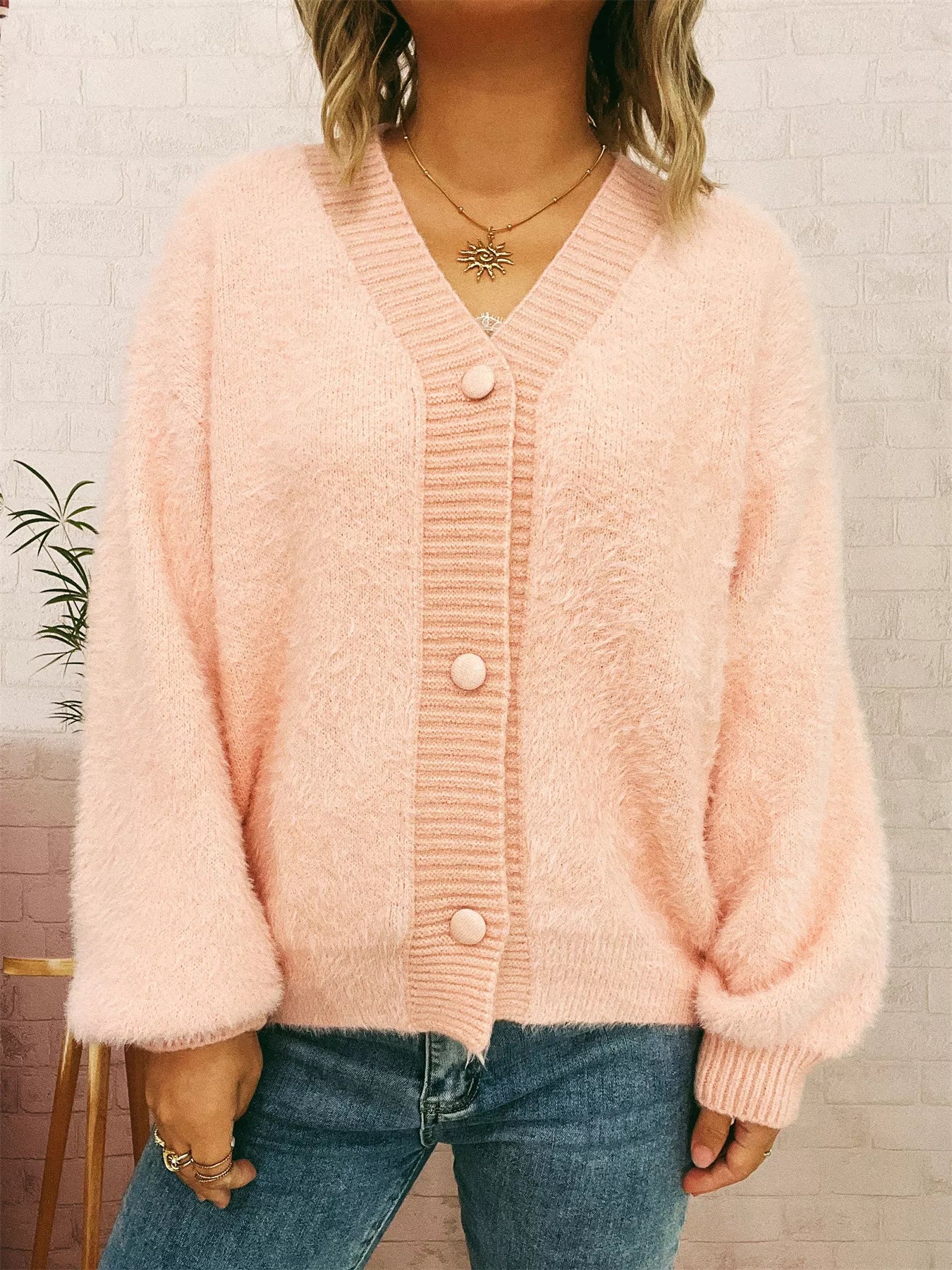 Fuzzy Button-Up Long Sleeve Cardigan