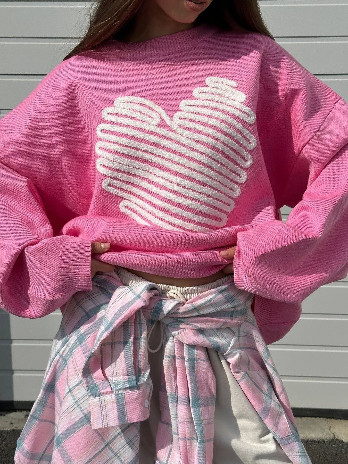 Heart Round Neck Oversized Sweater Hot Pink