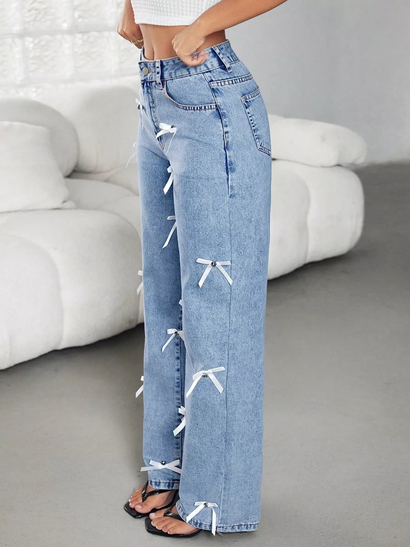 Bow Decor High Waist Wide Leg Jeans