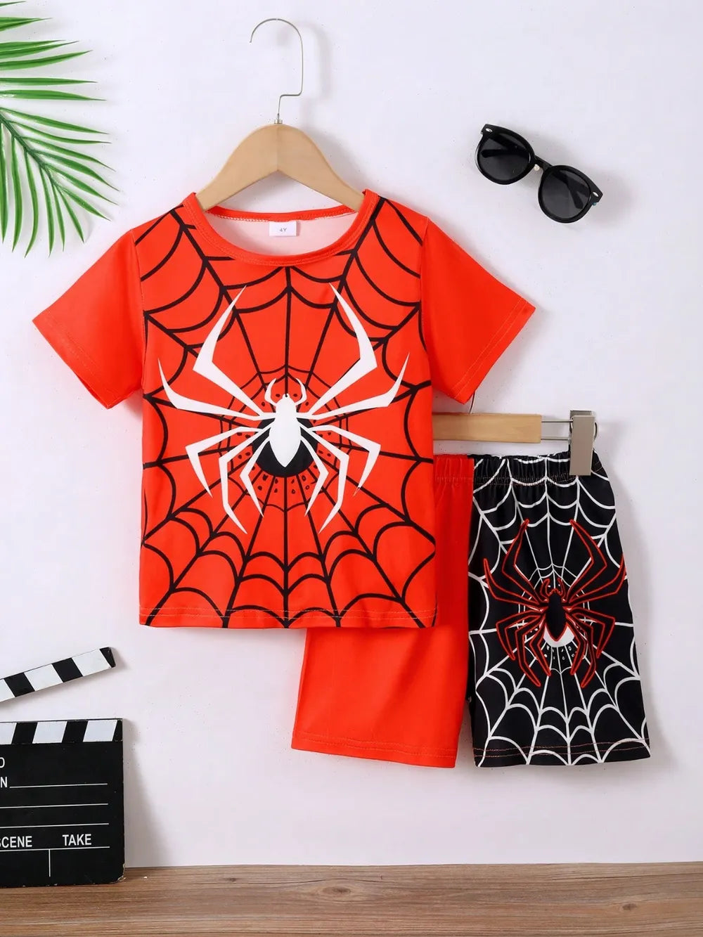 Children's Spider Round Neck Short Sleeve T-Shirt and Pants Set Red