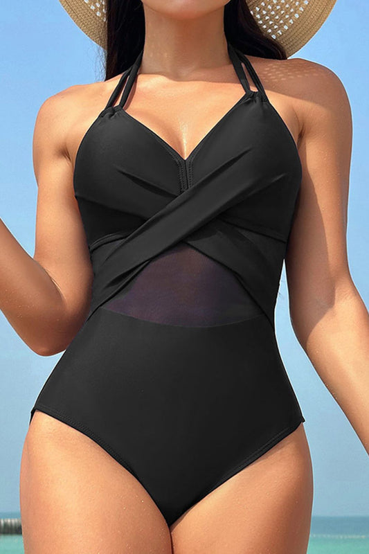 Crisscross Halter Neck One-Piece Swimwear Black