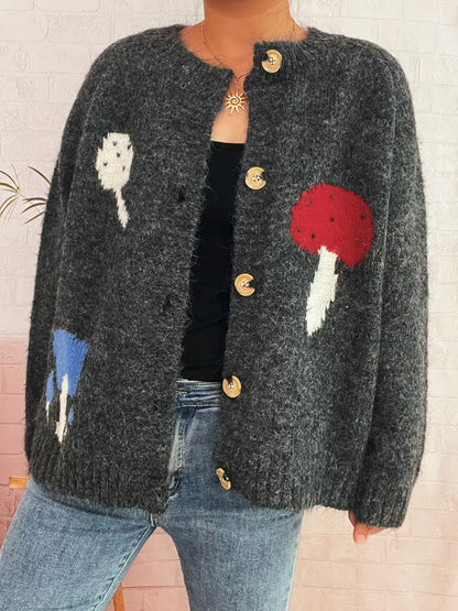 Mushroom Pattern Button-Up Cozy Knit Cardigan