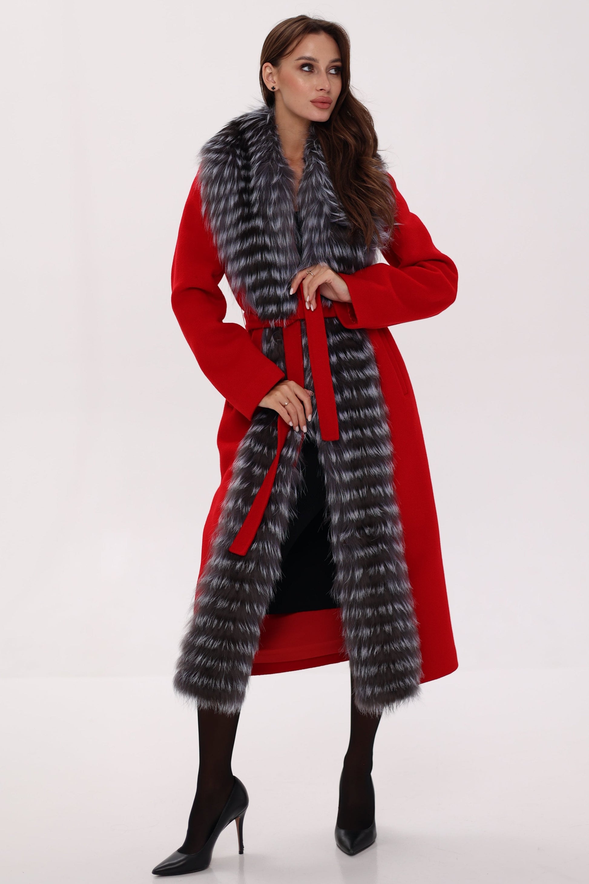 Genuine Silver Fox Virgin Wool Wrap Coat in Red Red