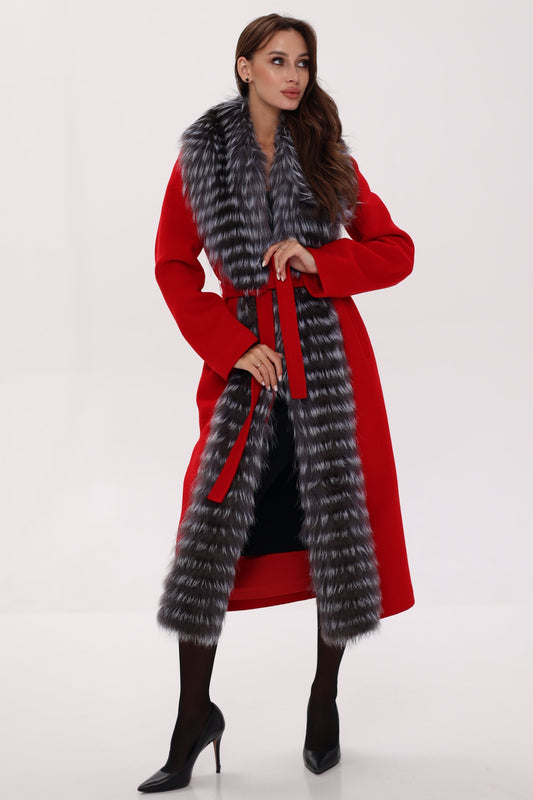 Genuine Silver Fox Virgin Wool Wrap Coat in Red Red