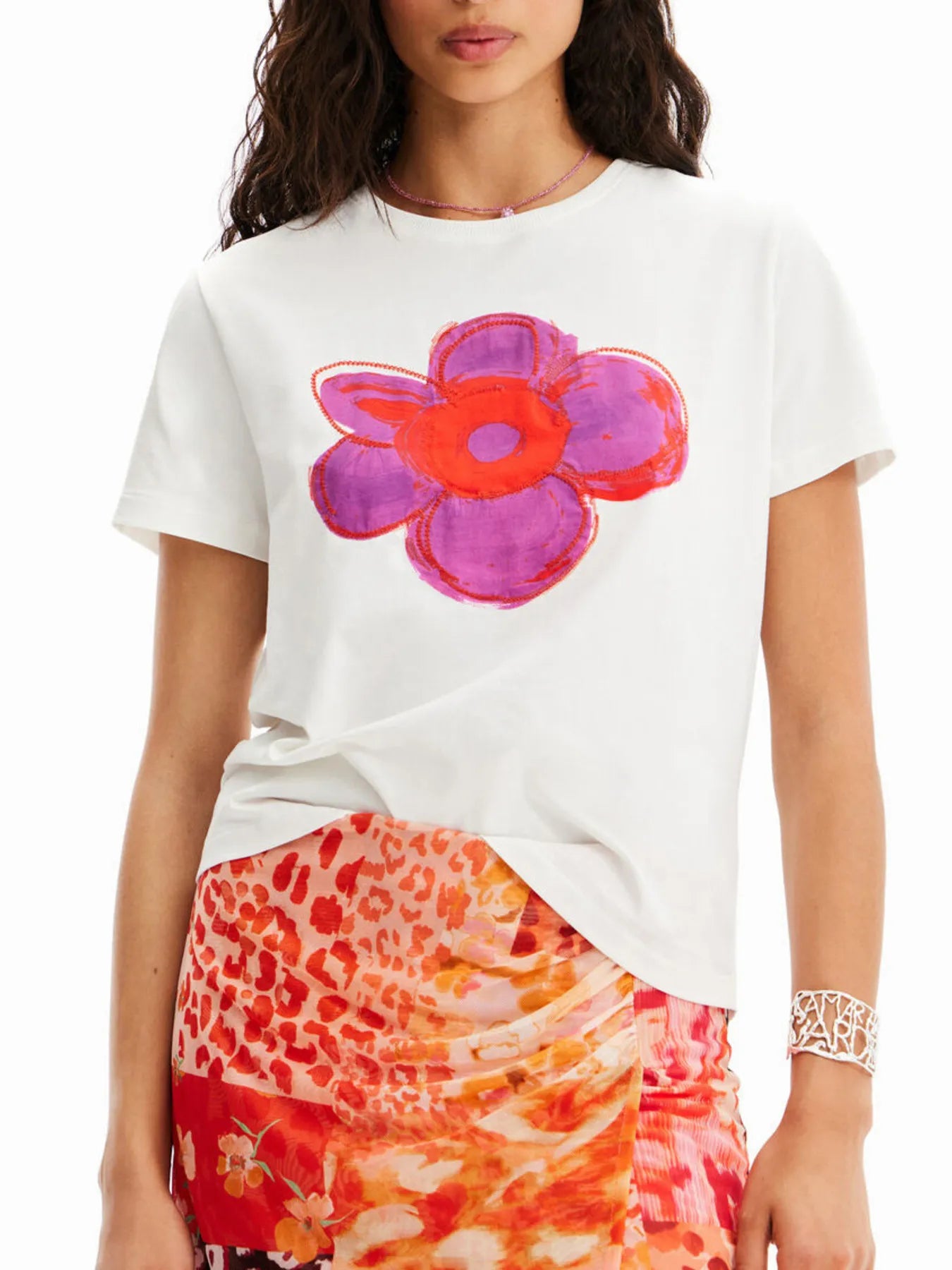 Flower Graphic Round Neck T-Shirt White