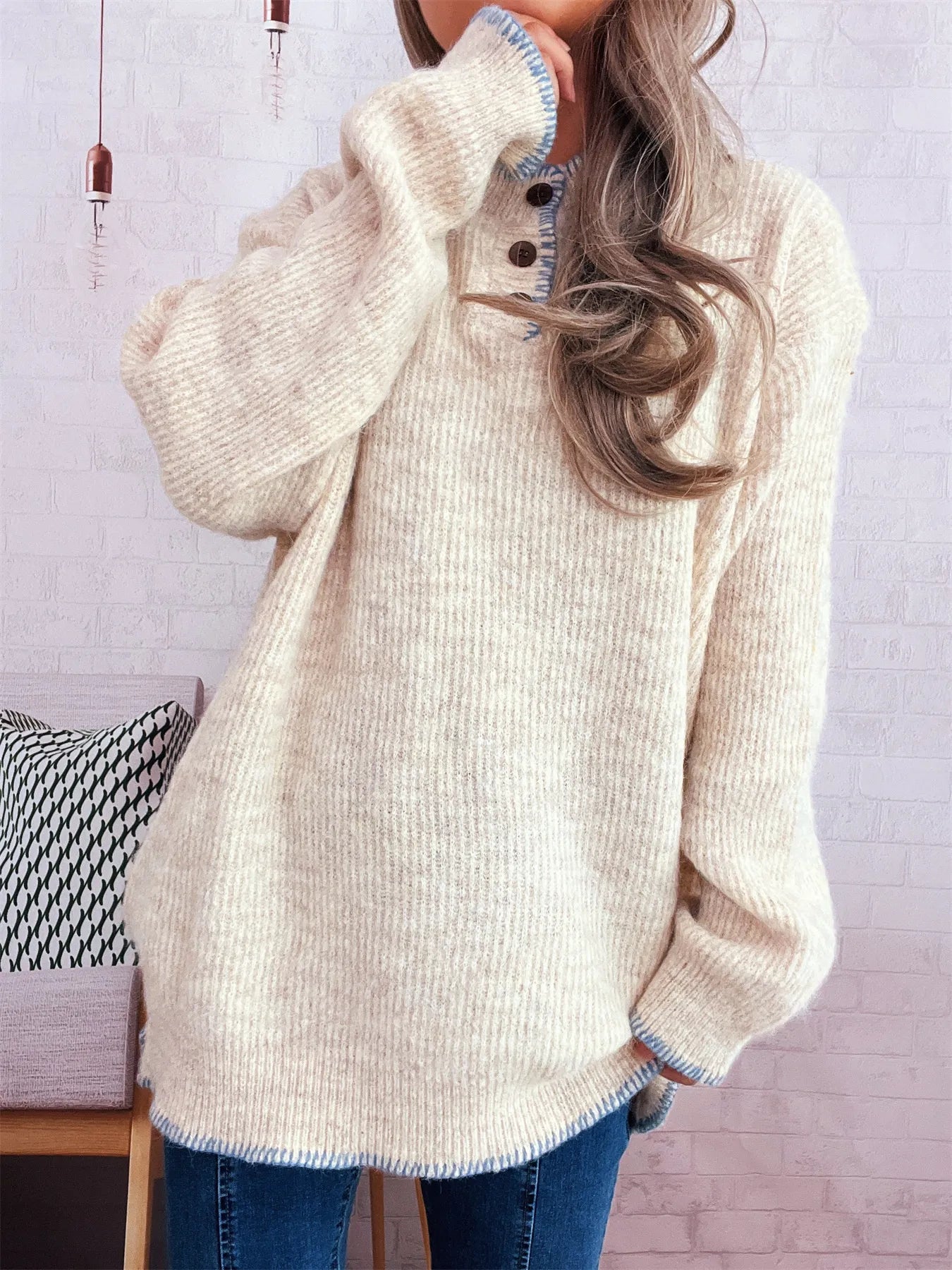 Ribbed Button Detail Long Sleeve Sweater Apricot One Size