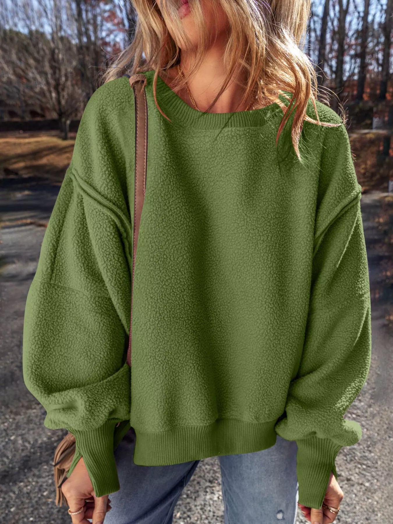 Round Neck Dropped Shoulder Sweatshirt Army Green
