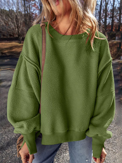 Round Neck Dropped Shoulder Sweatshirt Army Green