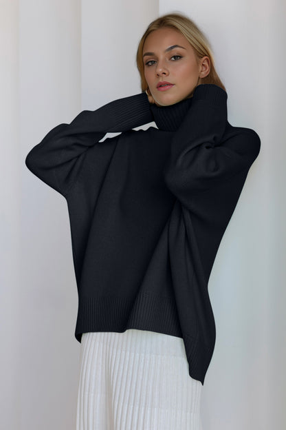 Back To School Sweater - Basic Bae Turtleneck Dropped Shoulder Long Sleeve Sweater Black One Size