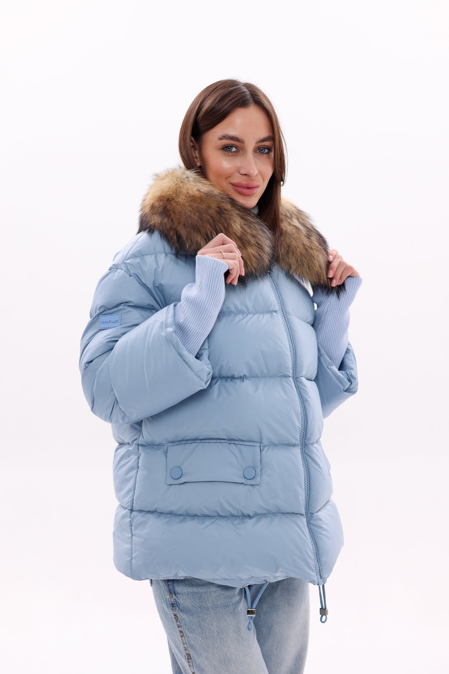 Genuine Fur Trim Down Fill Coat in Blue