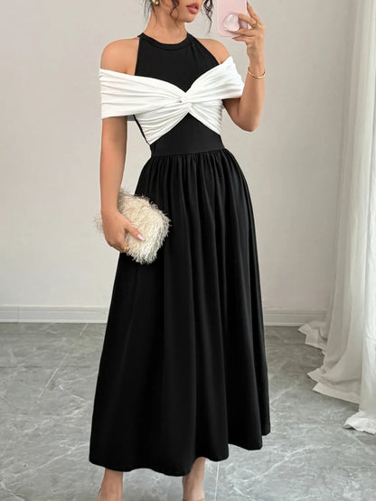 Twisted Contrast Cold Shoulder Midi Dress Black