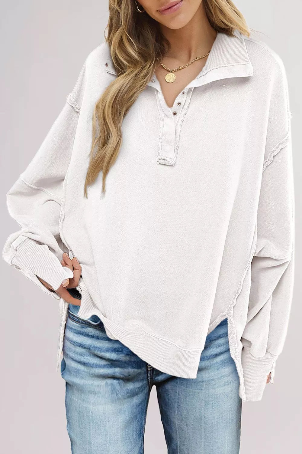 uttoned Collared Raw Detail High Low Baggy Sweatshirt with Slits
