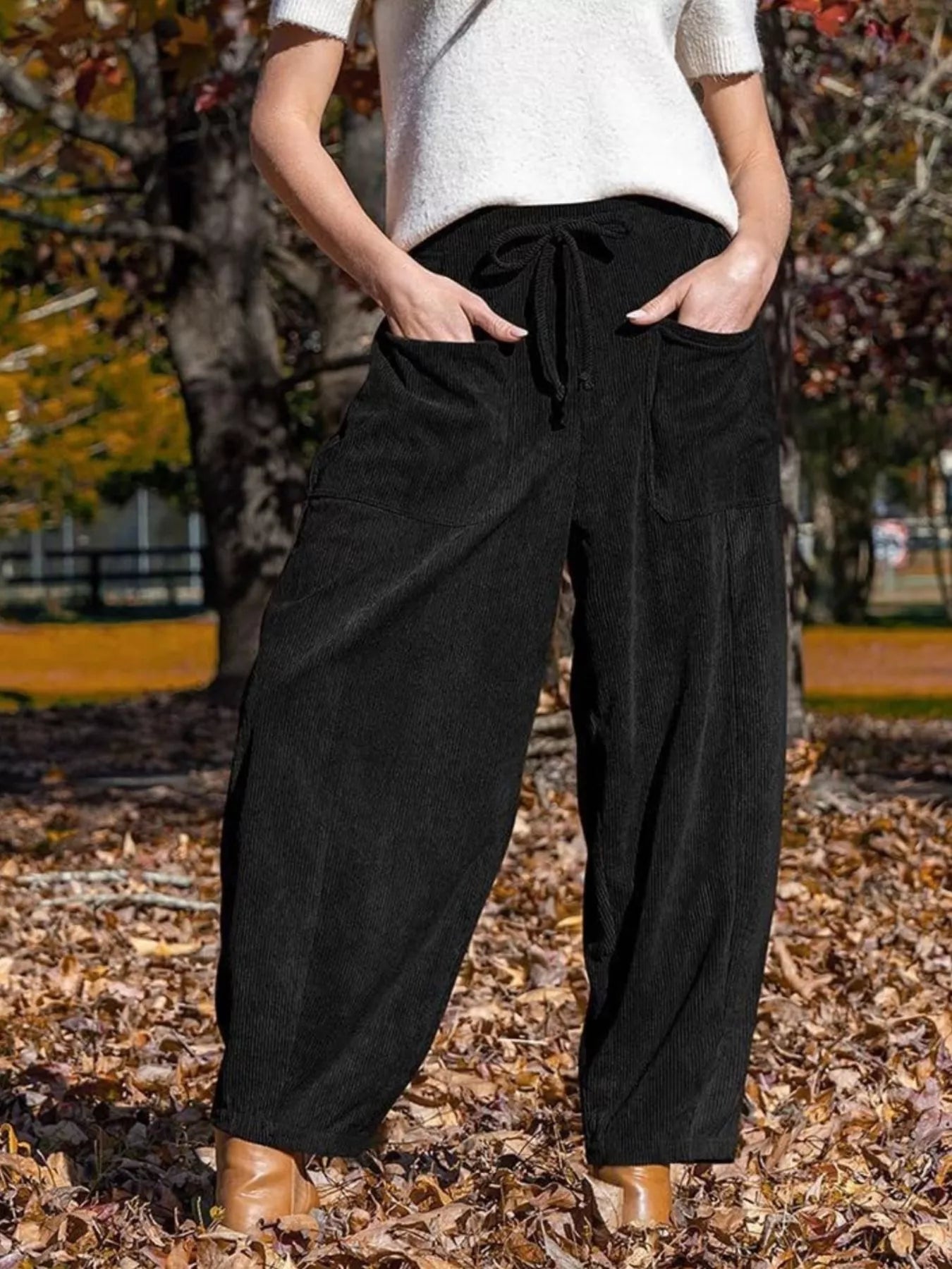 Casual Corduroy Wide Leg Pants with Pockets Black