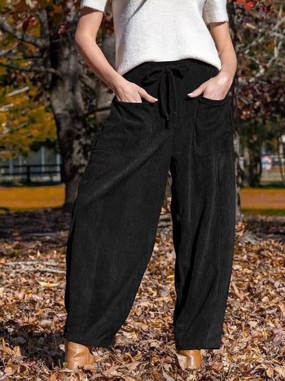 Casual Corduroy Wide Leg Pants with Pockets Black
