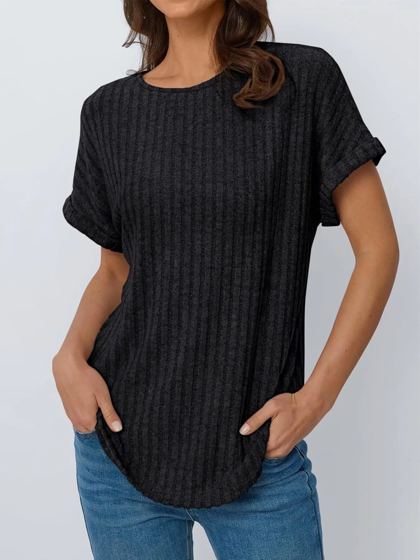 Casual Ribbed Knit Short Sleeve T-Shirt Black