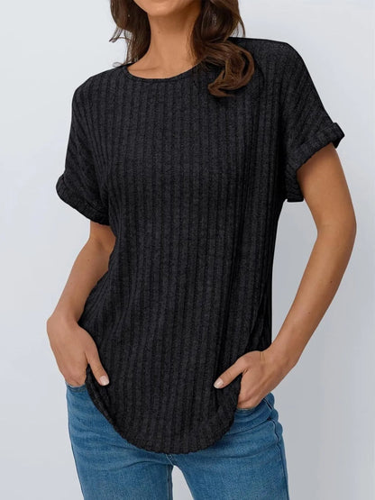 Casual Ribbed Knit Short Sleeve T-Shirt Black
